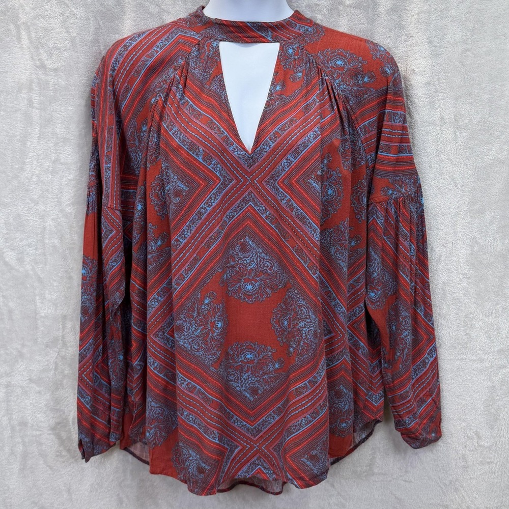 Free People Rust Red and Slate Blue Printed Keyhole Tunic